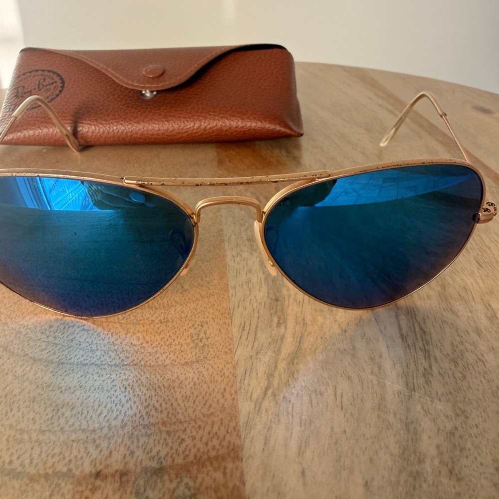 Ray-Ban Gold Aviator Sunglasses with Blue Mirrors